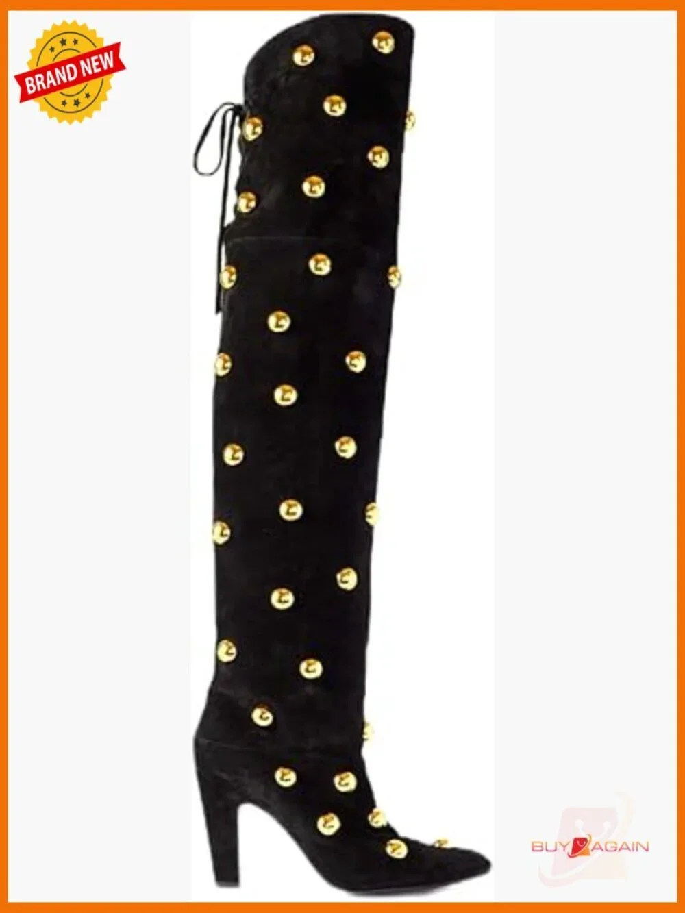 Studded Over the Knee Boots Pointed Toe Suede Chunky Heel Pull On Thigh High